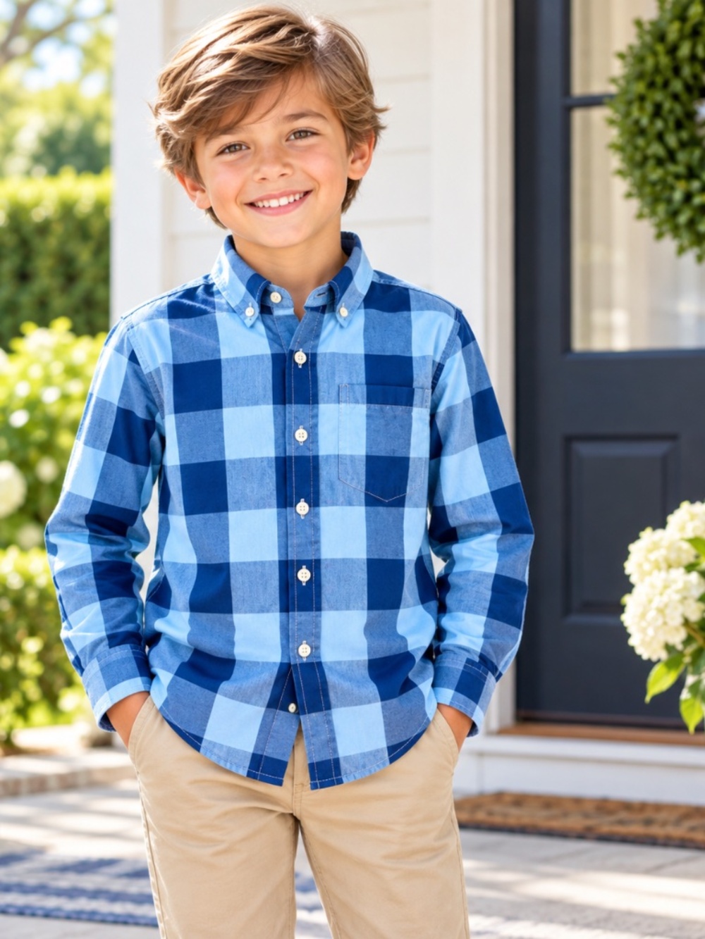 Crown & Ivy Kids Blue Buffalo Check Button Down Shirt Long Sleeve Preppy